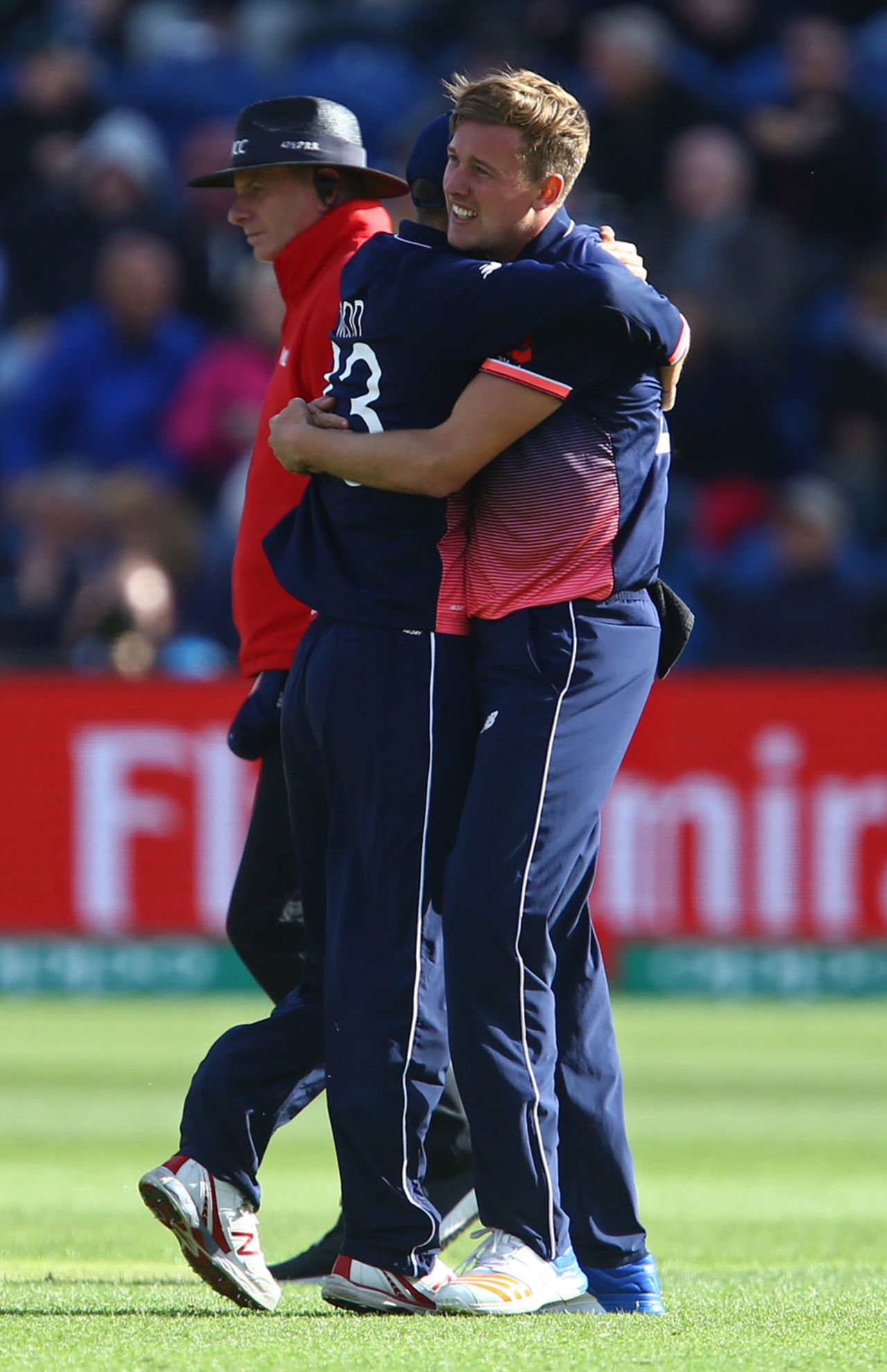Jake Ball gets a hug after removing Ross Taylor, England v New Zealand, Champions Trophy 2017, Cardiff, June 6, 2017