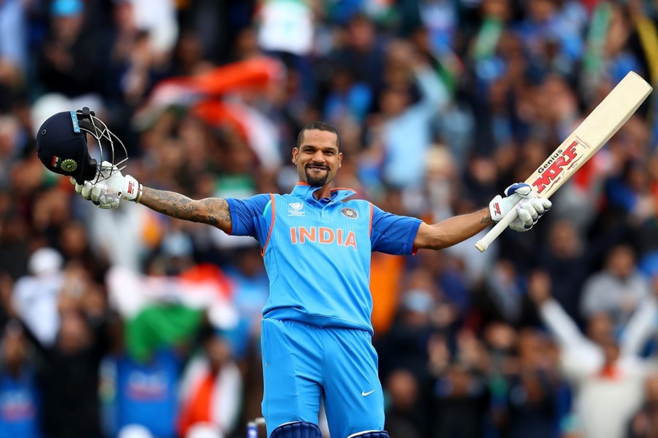 After some signature shots, there was a signature celebration for Shikhar Dhawan, India v Sri Lanka, Champions Trophy 2017, The Oval, London, June 8, 2017