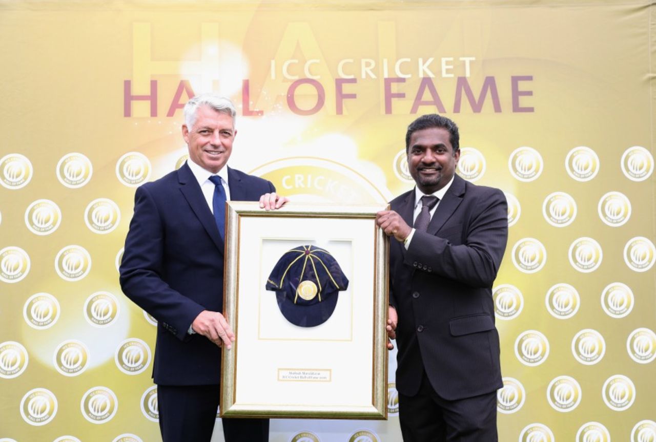 Muttiah Muralitharan was inducted into the ICC Hall of Fame during the innings break, India v Sri Lanka, Champions Trophy 2017, The Oval, London, June 8, 2017