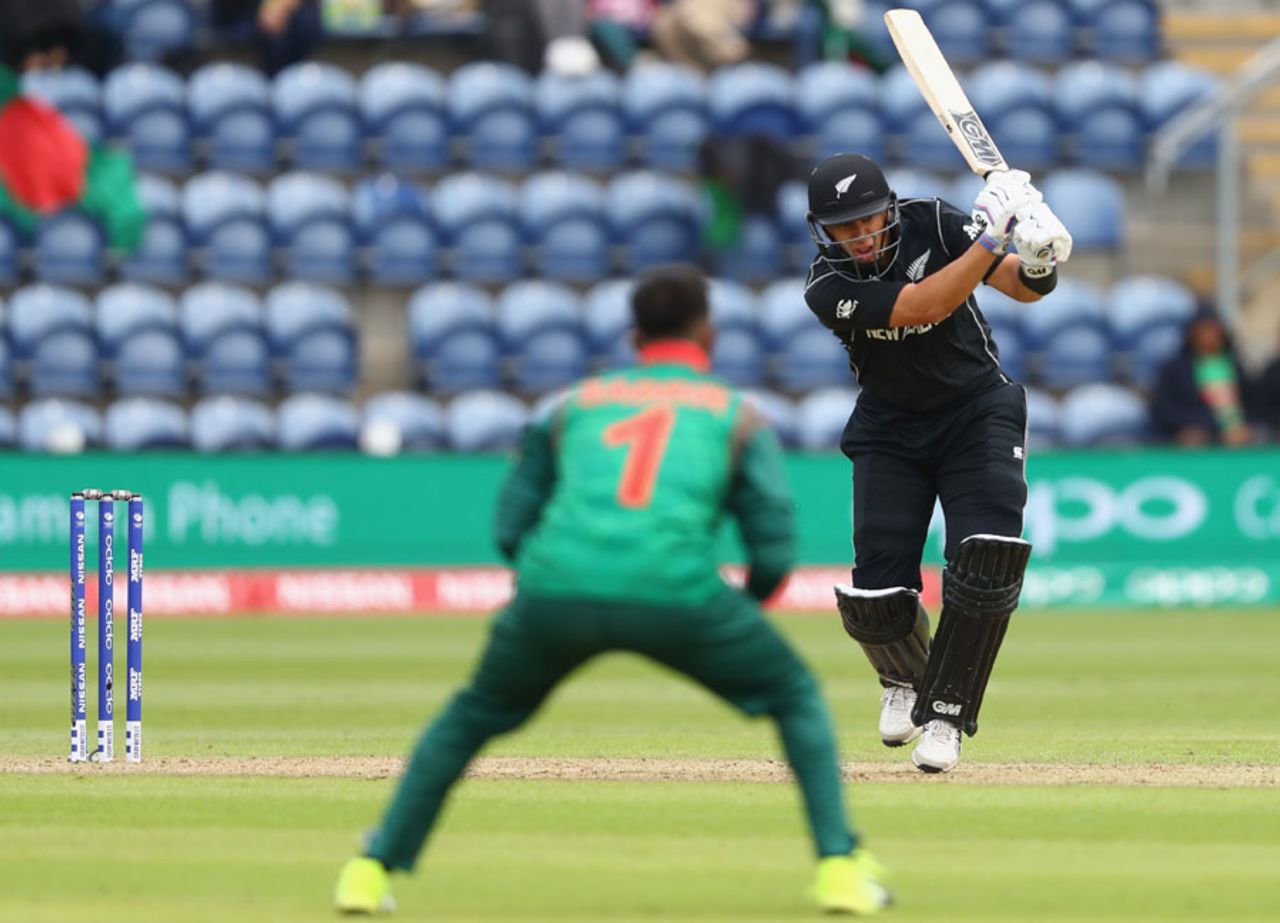 Ross Taylor makes a loud call after driving into the off side, New Zealand v Bangladesh, Group A, Champions Trophy 2017, Cardiff, June 9, 2017
