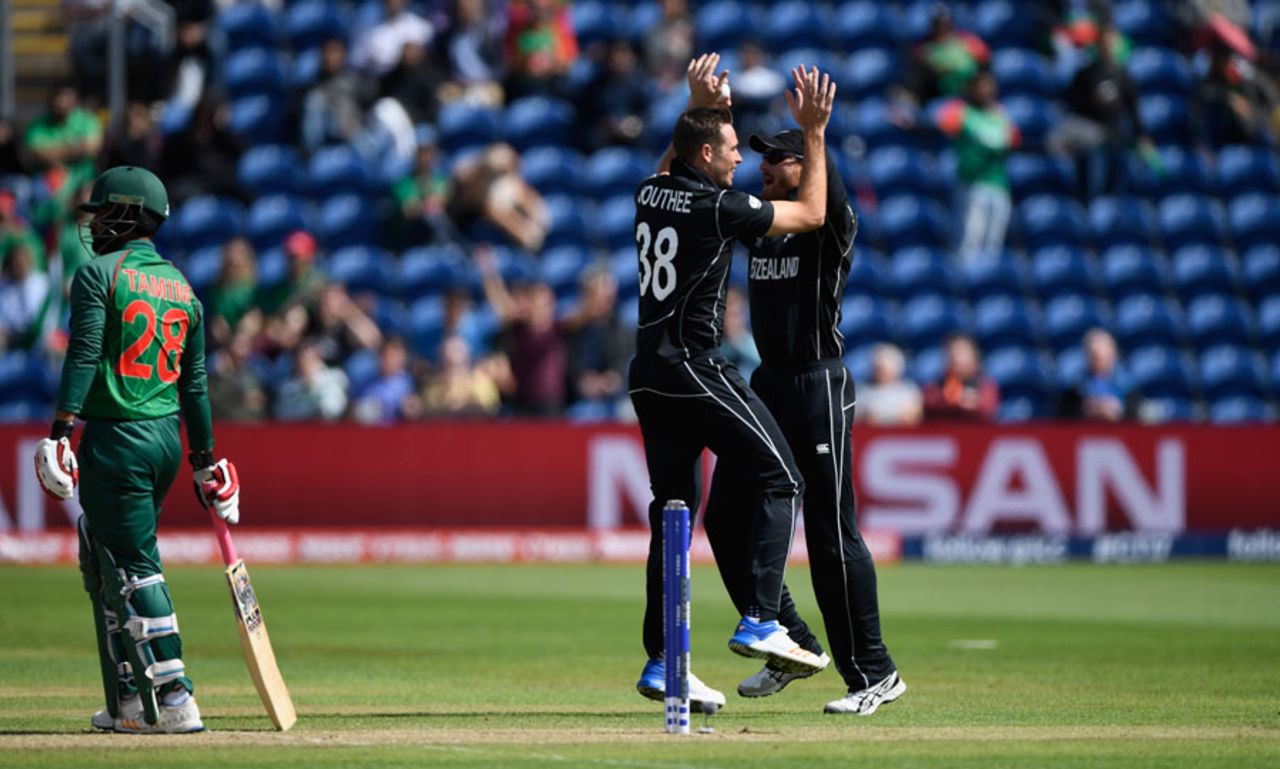 Tim Southee celebrates after dismissing Tamim Iqbal in the first over, New Zealand v Bangladesh, Group A, Champions Trophy 2017, Cardiff, June 9, 2017
