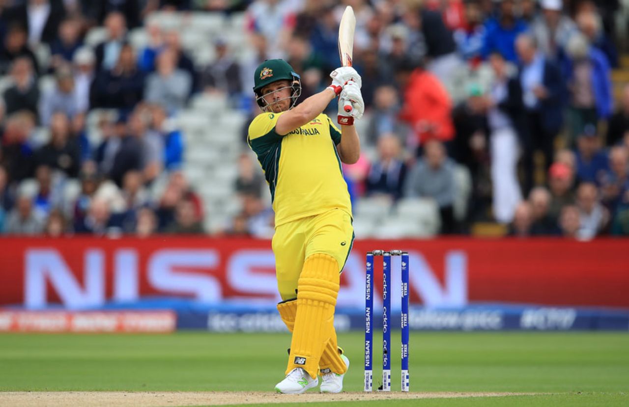 Aaron Finch swings down the ground, England v Australia, Champions Trophy, Group A, Edgbaston, June 10, 2017