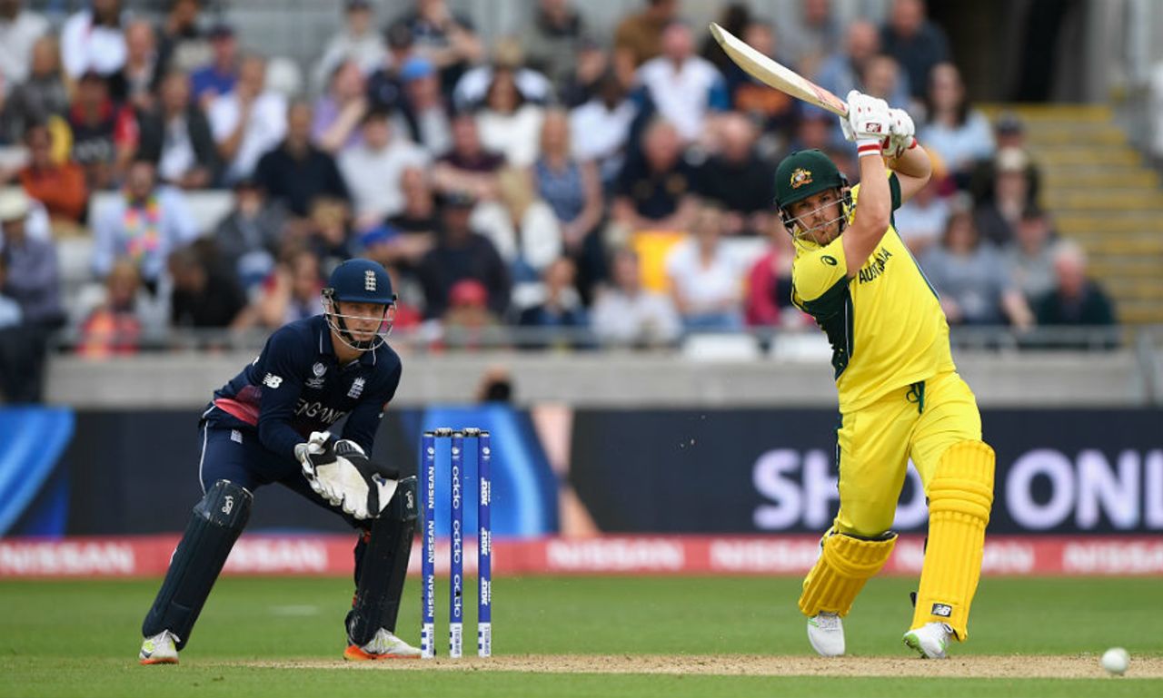 Aaron Finch drives through the covers, England v Australia, Champions Trophy, Group A, Edgbaston, June 10, 2017