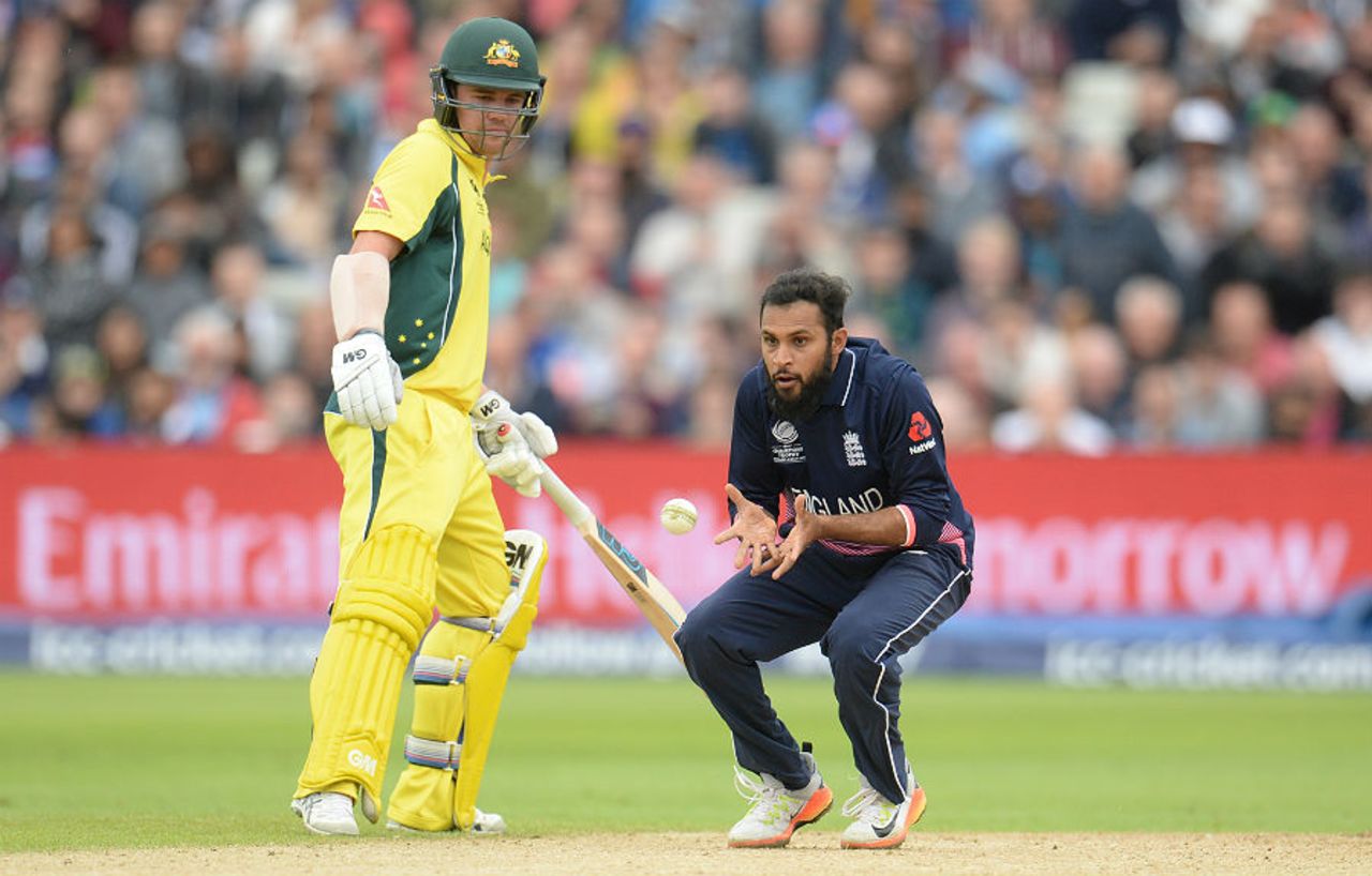 Adil Rashid took a caught-and-bowled off Pat Cummins, England v Australia, Champions Trophy, Group A, Edgbaston, June 10, 2017