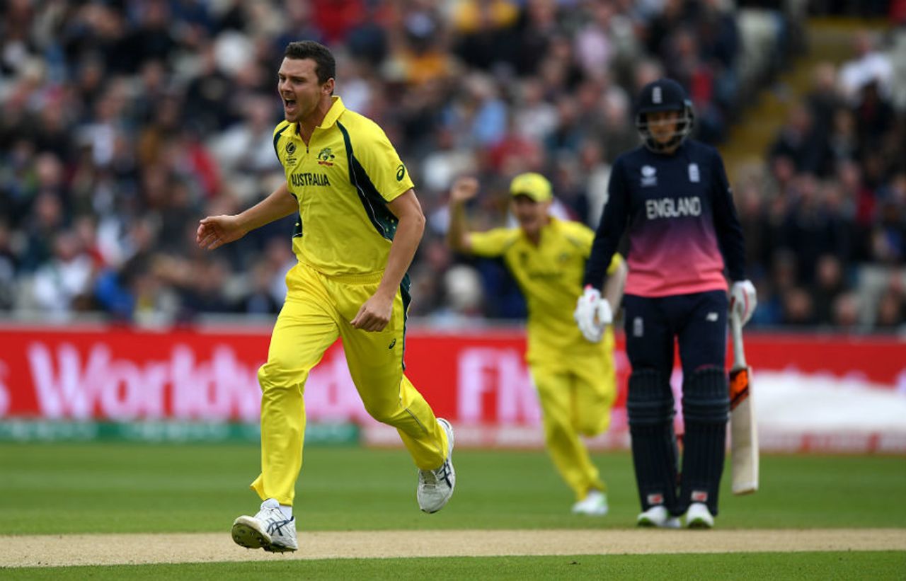 Josh Hazlewood had Alex Hales caught for a duck in his first over, England v Australia, Champions Trophy, Group A, Edgbaston, June 10, 2017