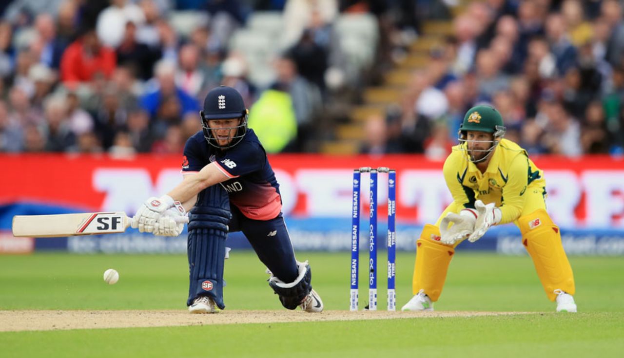 Eoin Morgan reverse-sweeps on his way to 87, England v Australia, Champions Trophy, Group A, Edgbaston, June 10, 2017