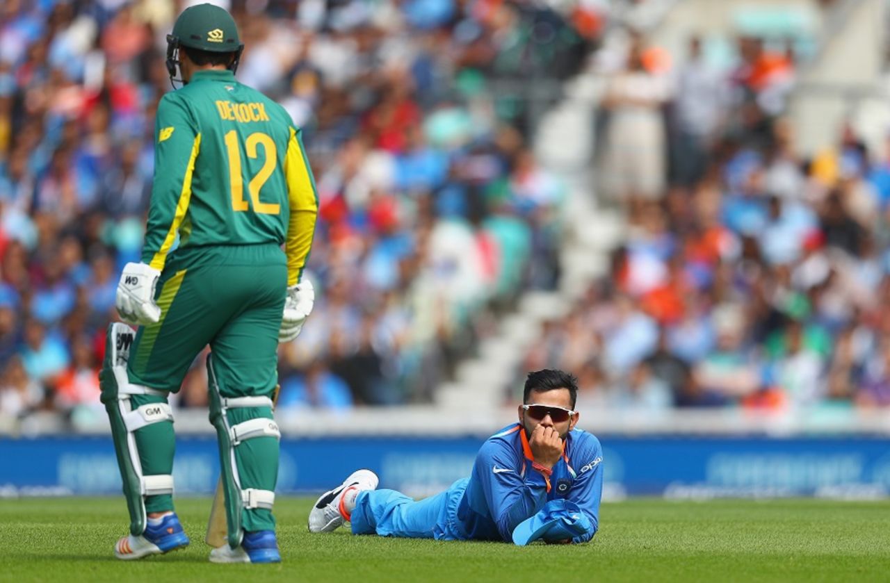 Virat Kohli ponders his missing a direct hit, India v South Africa, Champions Trophy 2017, Group B, The Oval, London, June 11, 2017