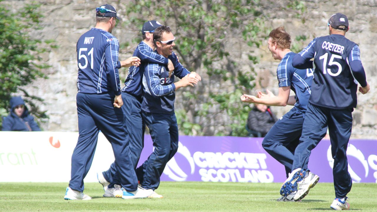 Con de Lange gets mobbed after a stunning catch to remove Craig Williams, Scotland v Namibia, ICC WCL Championship, Edinburgh, June 12, 2017