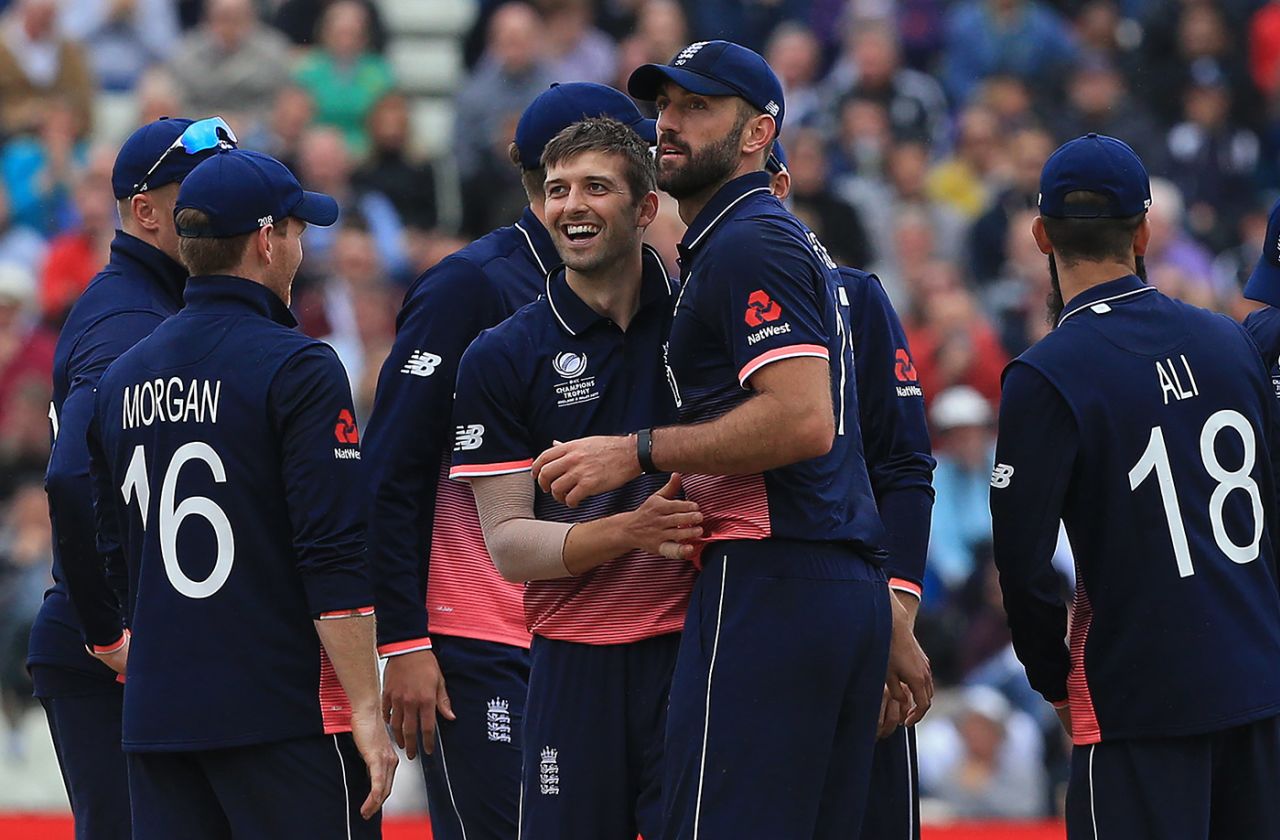 Mark Wood and Liam Plunkett celebrate the wicket of Steven Smith, England v Australia, Champions Trophy, Group A, Edgbaston, June 10, 2017
