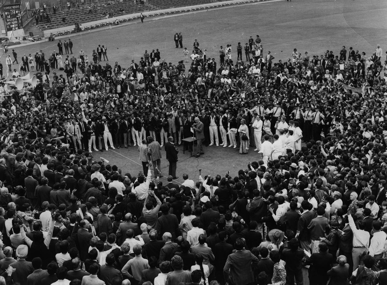 The crowd surrounds the players and officials at the presentation, England v India, third Test, day five, The Oval, August 24, 1971 