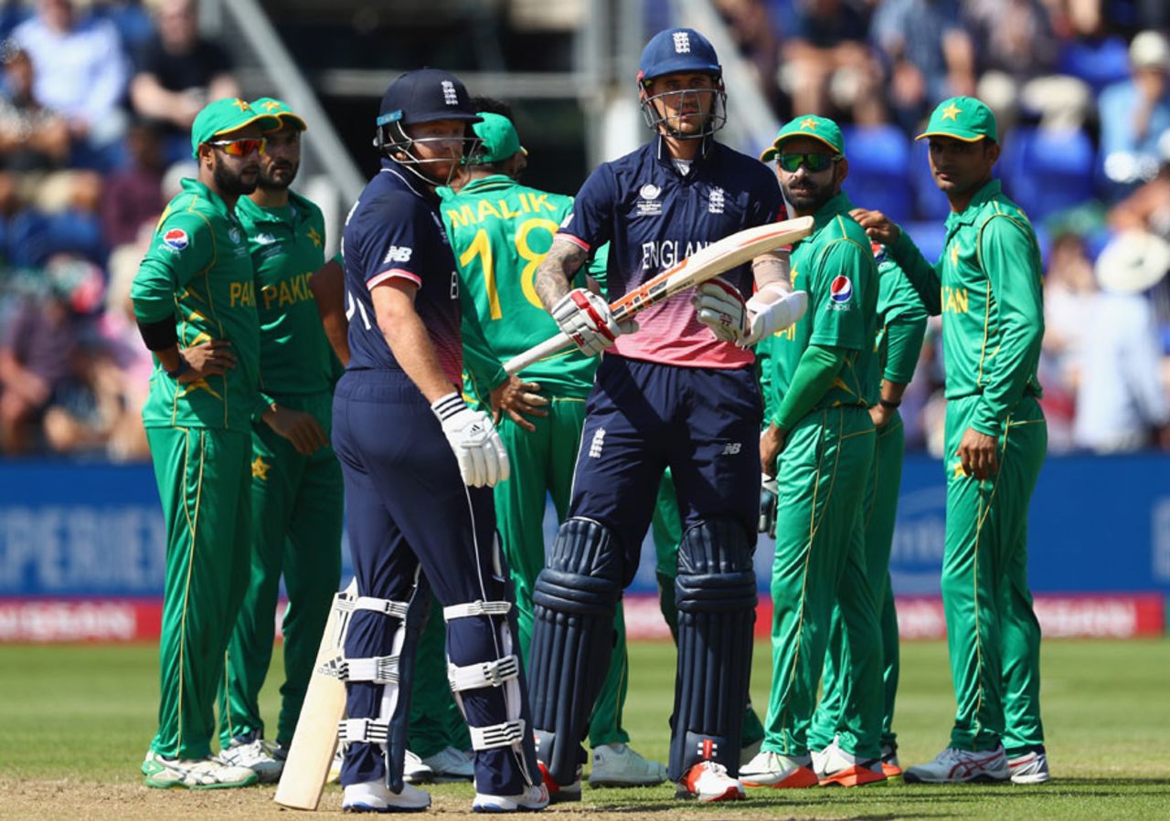 Alex Hales successfully reviewed an lbw decision against him, England v Pakistan, Champions Trophy, 1st semi-final, Cardiff, June 14, 2017
