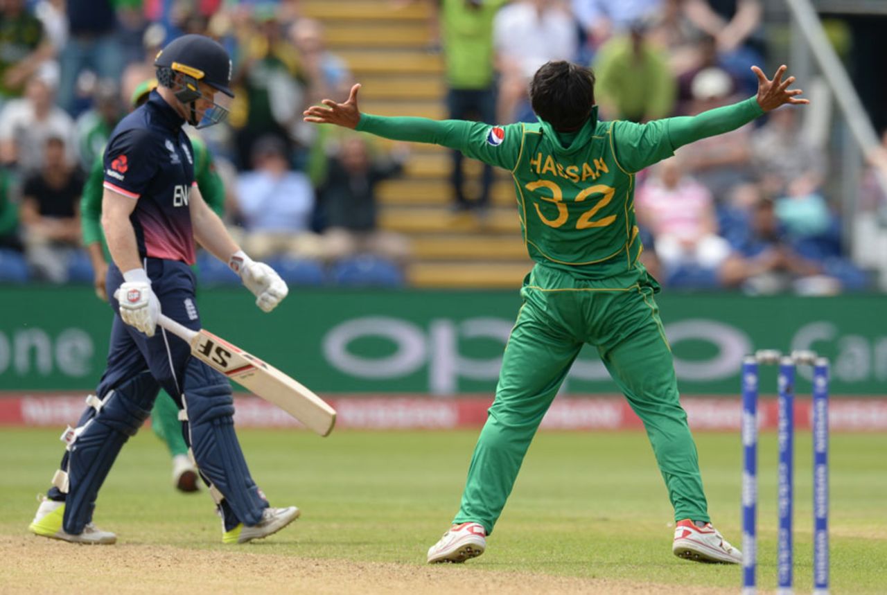 Hasan Ali explodes in celebration after dismissing Eoin Morgan, England v Pakistan, Champions Trophy, 1st semi-final, Cardiff, June 14, 2017