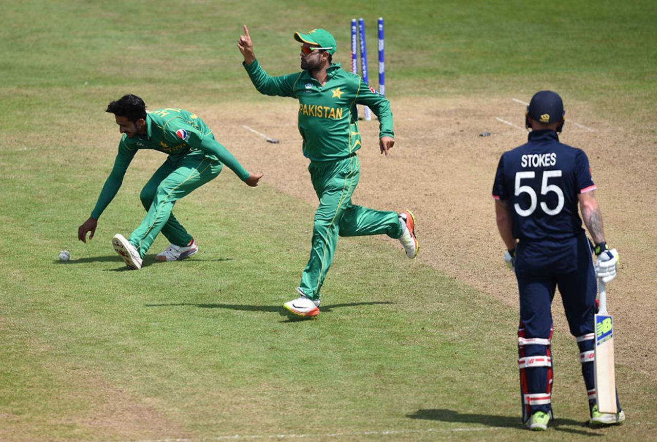Sub fielder Ahmed Shahzad's direct hit removed Adil Rashid, England v Pakistan, Champions Trophy, 1st semi-final, Cardiff, June 14, 2017