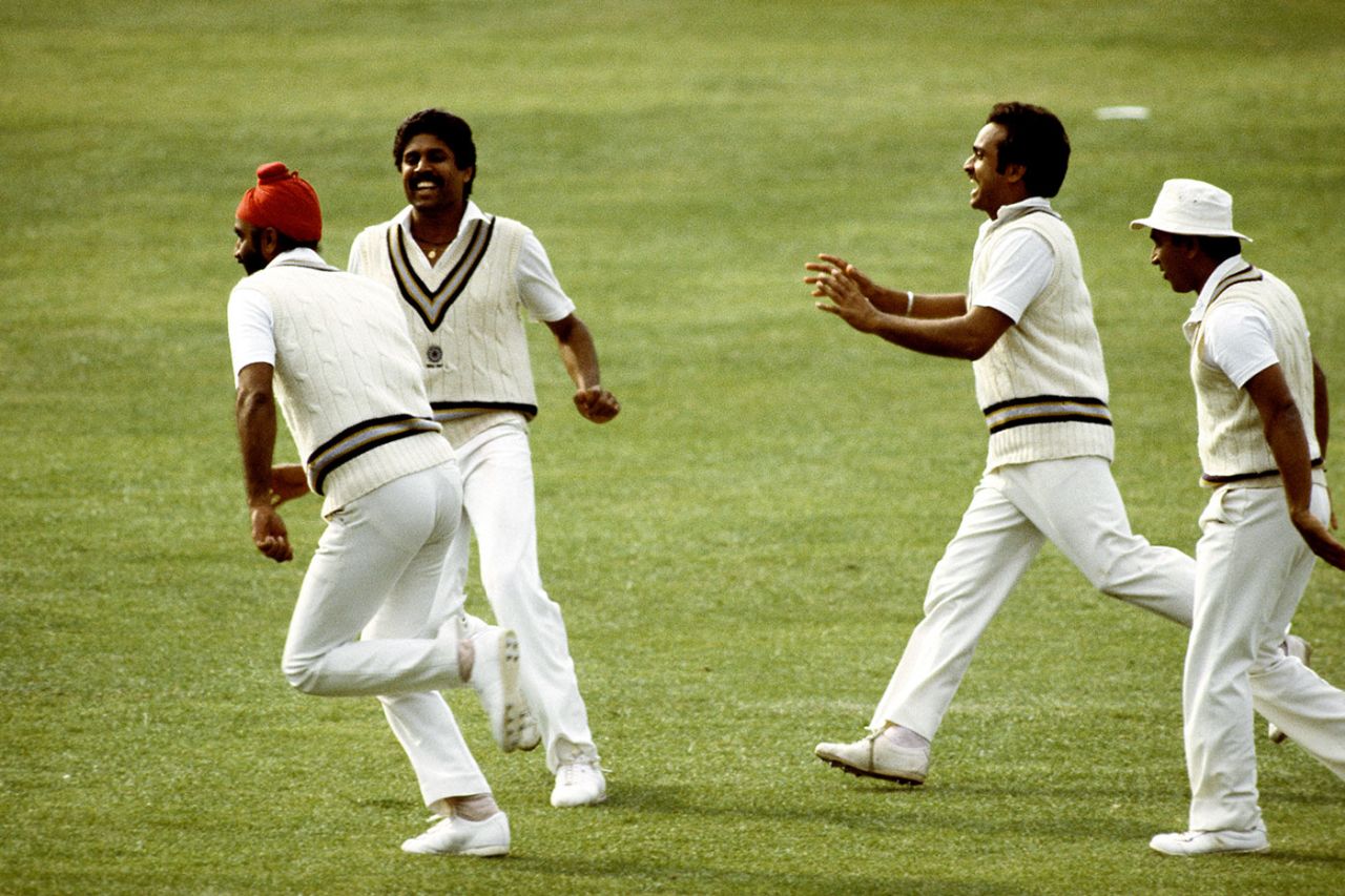 India celebrate the win. From left: Balwinder Sandhu, Kapil Dev, Madan Lal, Sunil Gavaskar. India v West Indies, World Cup final, Lord's, June 25, 1983