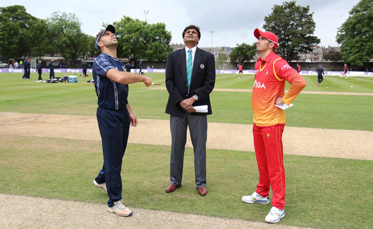 Kyle Coetzer spins the coin toss for the maiden ODI between the two sides, Scotland v Zimbabwe, 1st ODI, Edinburgh, June 15, 2017