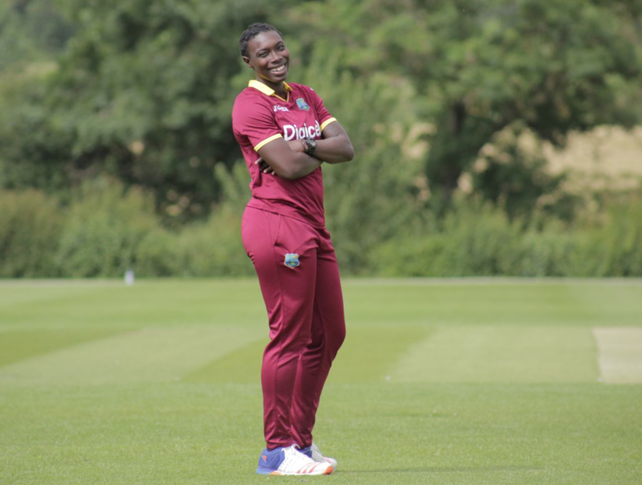 Shamilia Connell reacts in the field, West Indies Women and India Women, unofficial warm-up game, Leicestershire, June 16, 2017