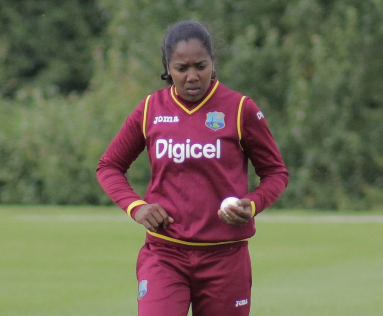 Afy Fletcher studies her next delivery, West Indies Women and India Women, unofficial warm-up game, Leicestershire, June 16, 2017