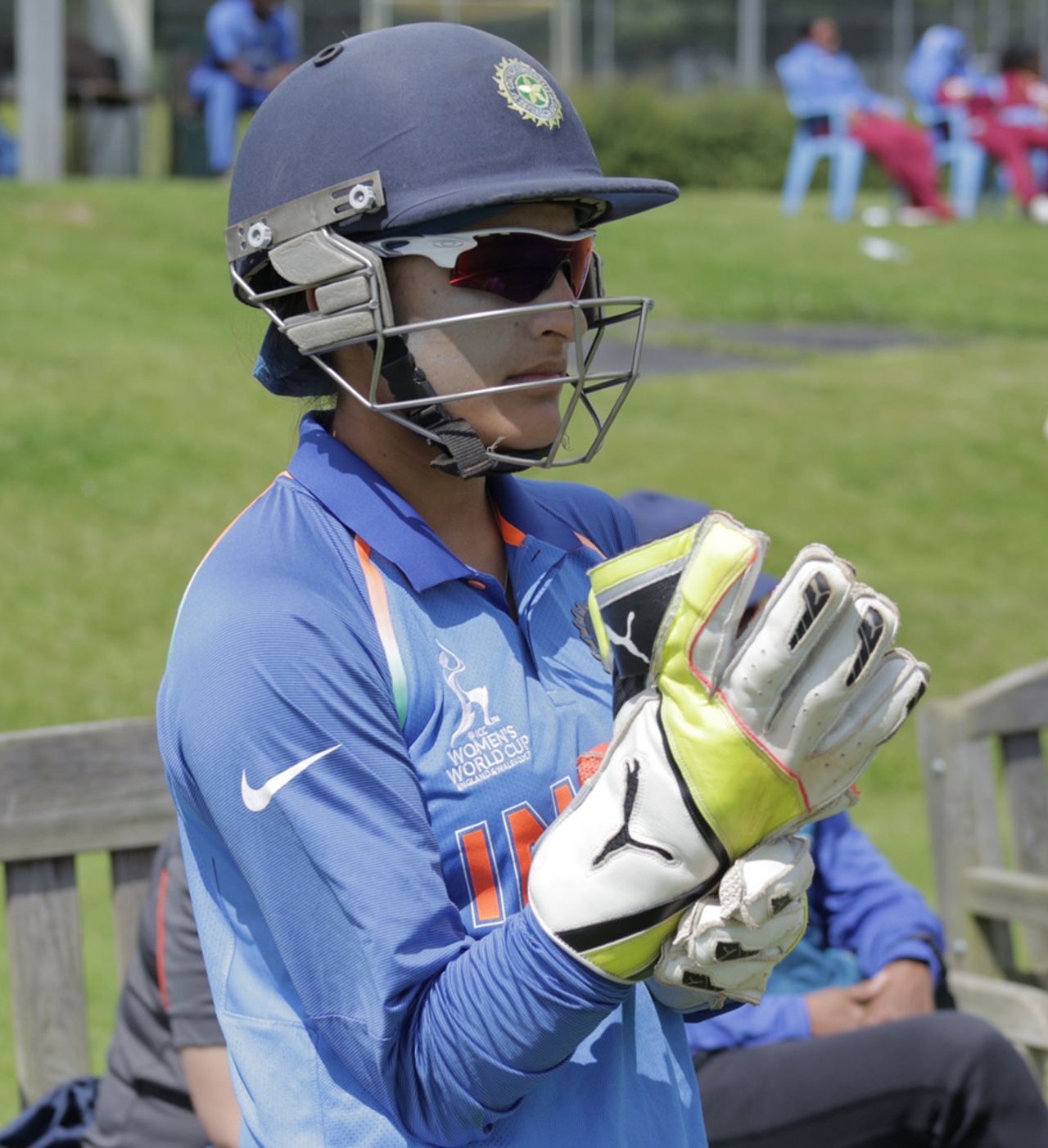 Sushma Verma prepares to take the field, West Indies Women and India Women, unofficial warm-up game, Leicestershire, June 16, 2017
