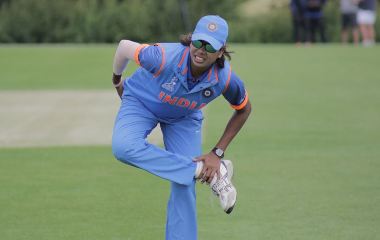 Jhulan Goswami goes through a warm-up routine ahead of the start of play, West Indies Women and India Women, unofficial warm-up game, Leicestershire, June 16, 2017