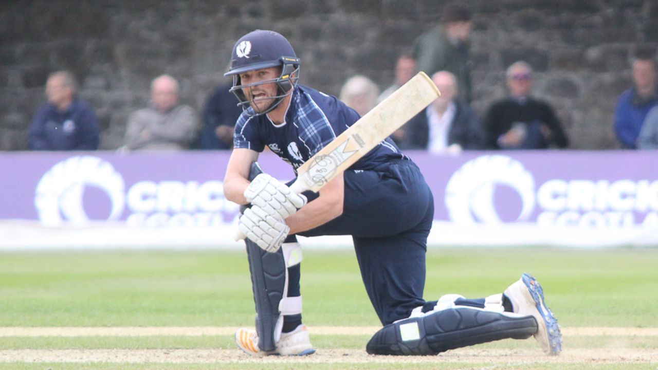Craig Wallace sweeps early in his innings, Scotland v Zimbabwe, 1st ODI, Edinburgh, June 15, 2017