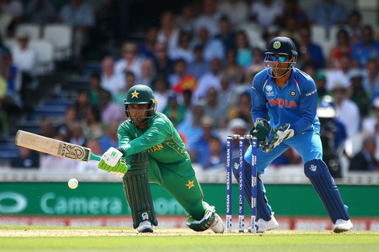 Fakhar Zaman attempts a reverse sweep, India v Pakistan, Final, Champions Trophy 2017, The Oval, London, June 18, 2017