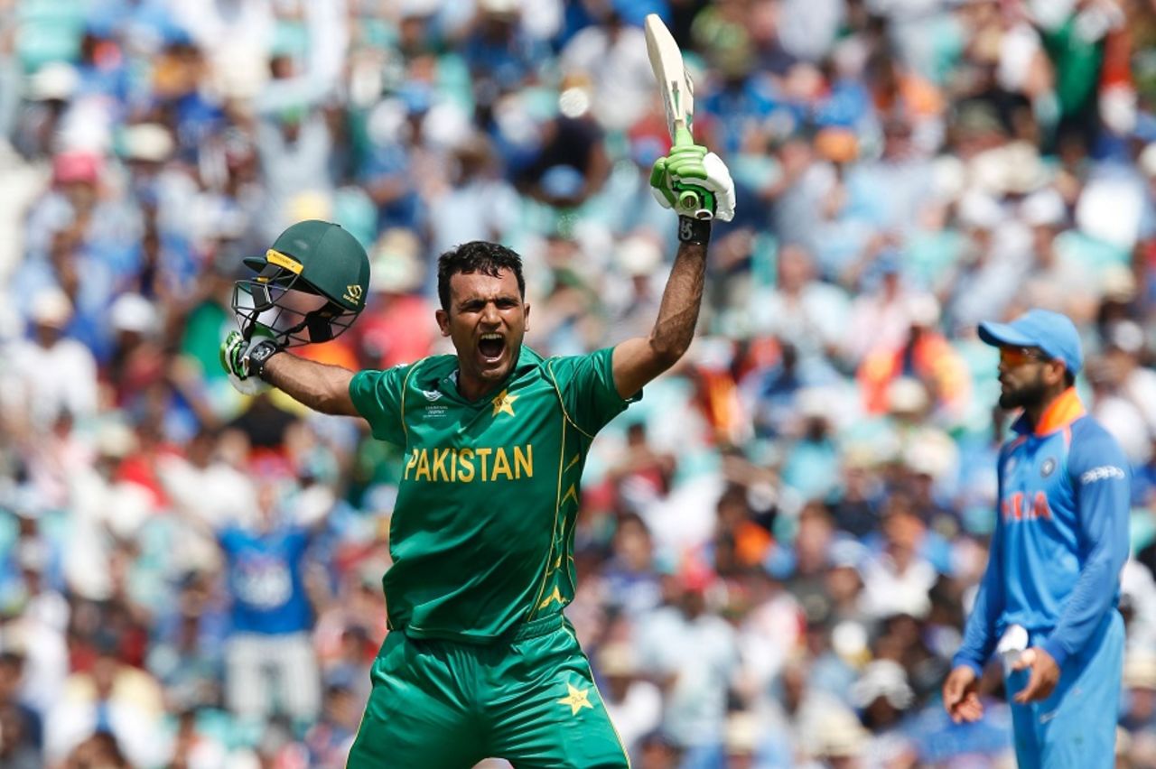 Fakhar Zaman exults after reaching his century, India v Pakistan, Final, Champions Trophy 2017, The Oval, London, June 18, 2017