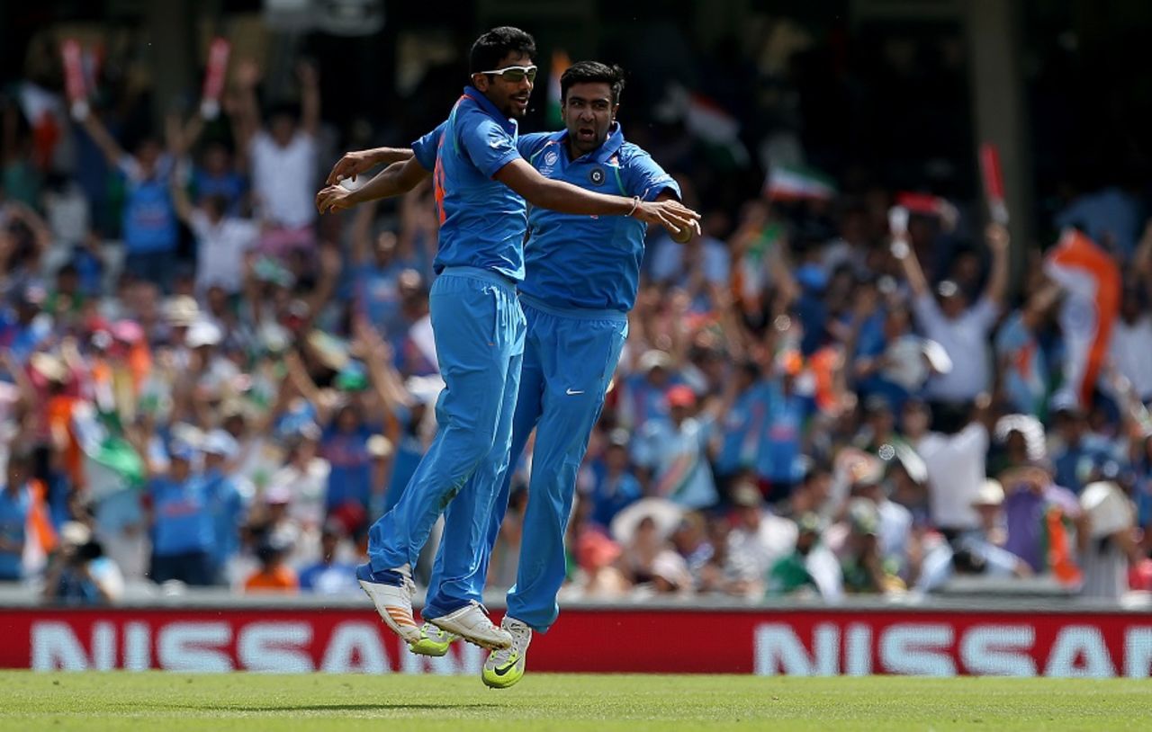 Jasprit Bumrah and R Ashwin do a chest bump to celebrate Azhar Ali's run out, India v Pakistan, Final, Champions Trophy 2017, The Oval, London, June 18, 2017