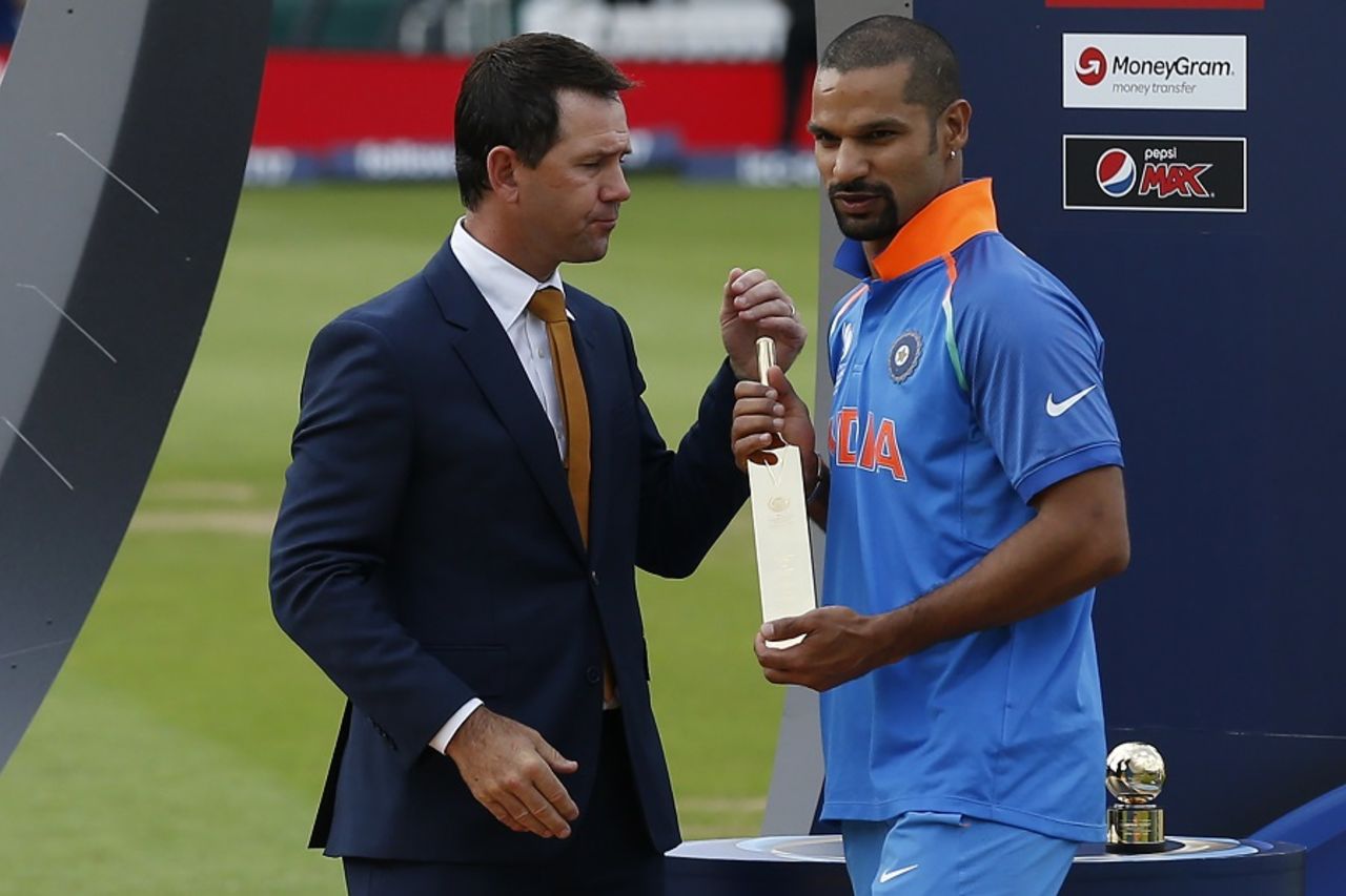 Shikhar Dhawan receives the golden bat award from Ricky Ponting, India v Pakistan, Final, Champions Trophy 2017, The Oval, London, June 18, 2017