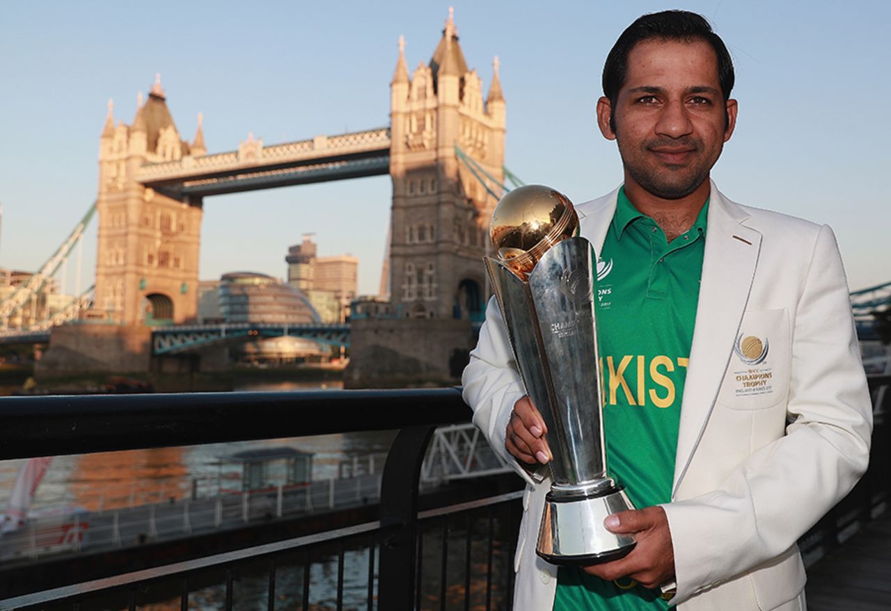 Pakistan captain Sarfraz Ahmed with the Champions Trophy on the morning after the final, London, June 19, 2017