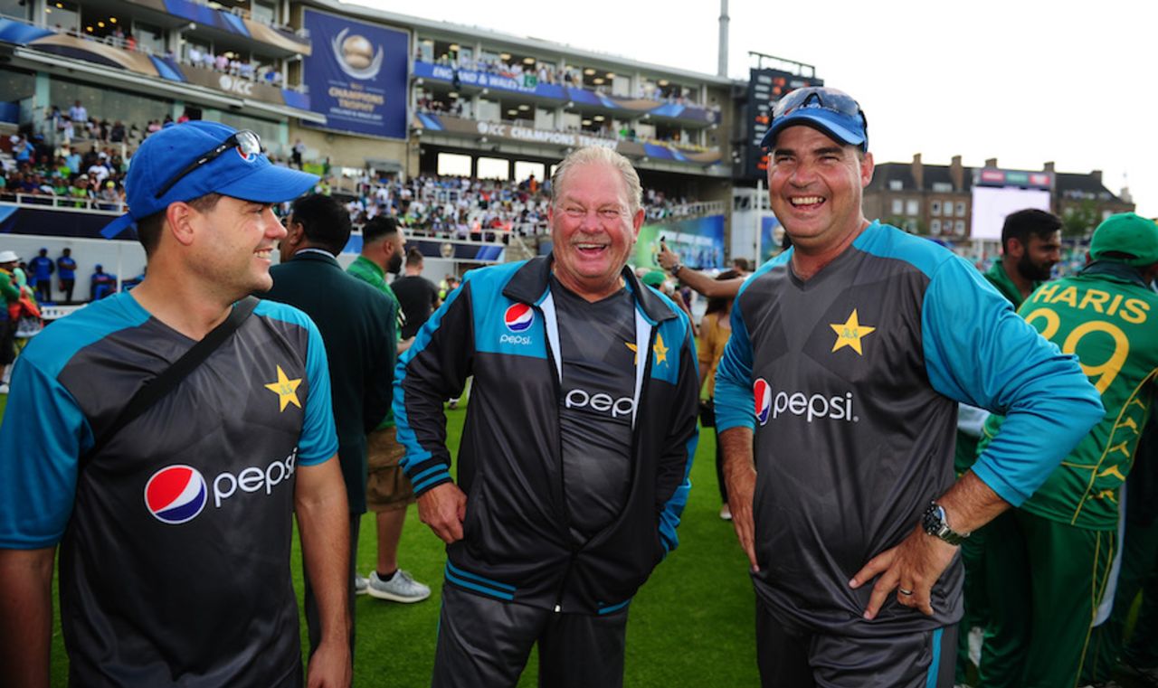 Pakistan's coaching staff - Shane Hayes, Steve Rixon and Mickey Arthur - enjoy the moment, India v Pakistan, Champions Trophy, final, The Oval, London, June 18, 2017
