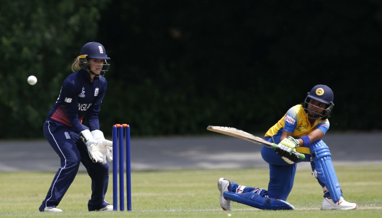 Prasadani Weerakkody sweeps en route to 23, England v Sri Lanka, ICC Women's World Cup warm-up, Chesterfield, June 19, 2017