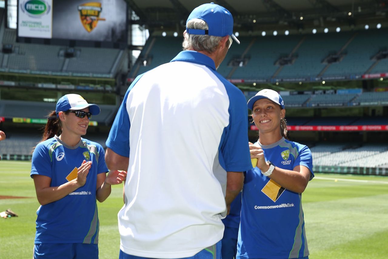 Ashleigh Gardner receives her Australia cap from Jason Gillespie, Australia v New Zealand, 1st women's T20I, MCG, February 17, 2017