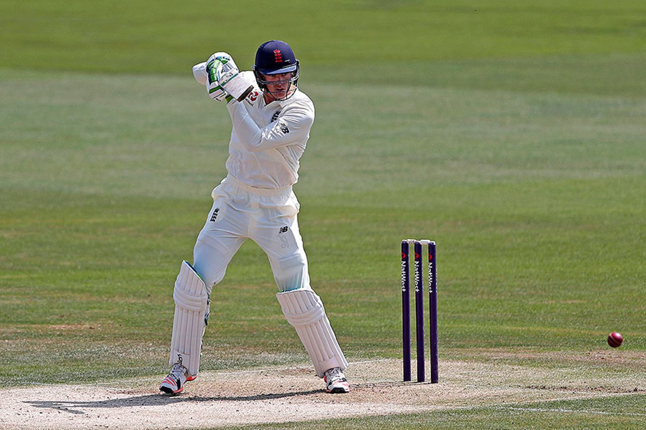 Keaton Jennings drives through the off side, England Lions v South Africa A, unofficial Test, Canterbury, 1st day