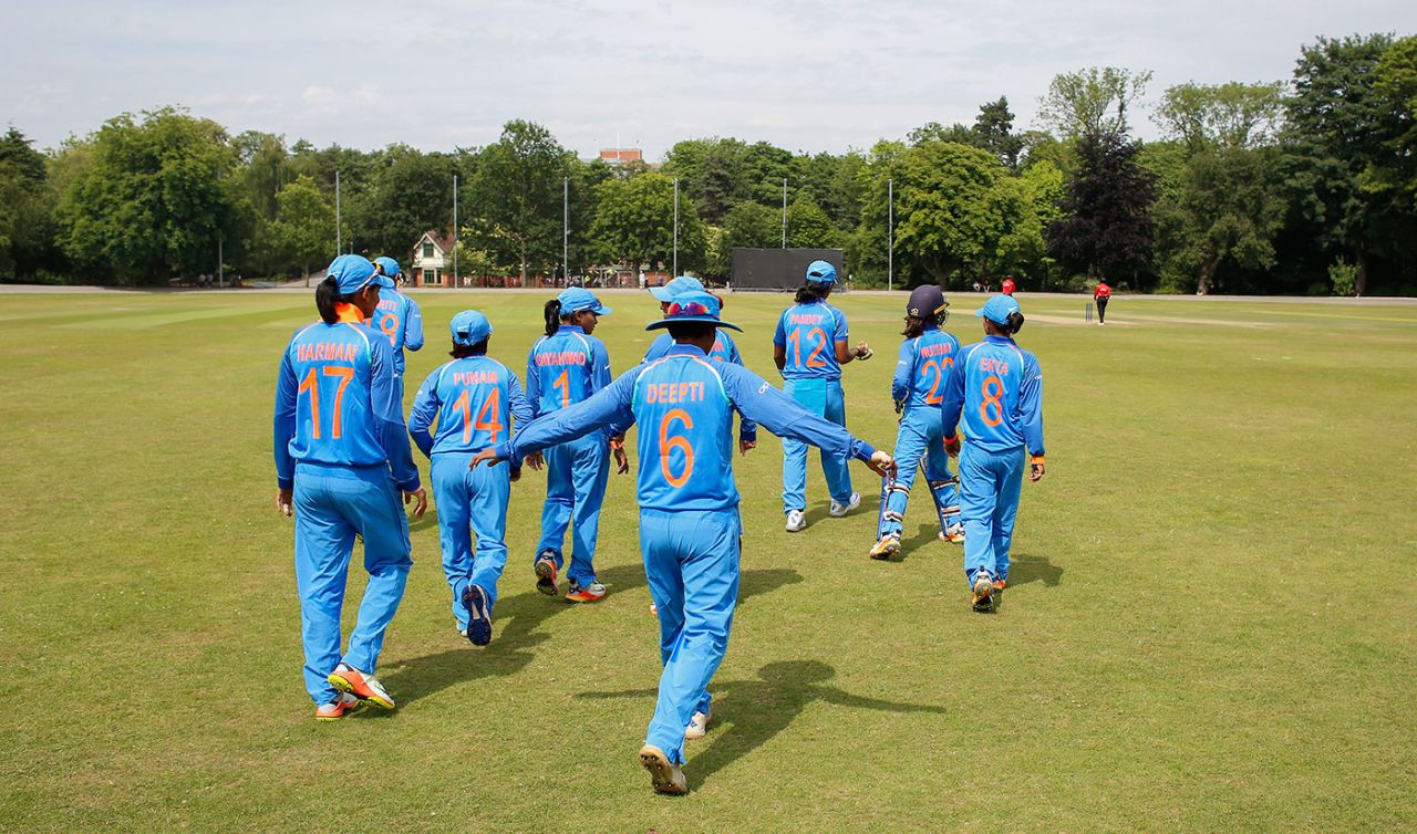 Deepti Sharma and her team-mates walk out to field, India v Sri Lanka, warm-up match, Women's World Cup, Chesterfield, June 21, 2017
