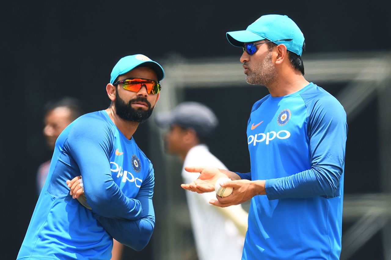 MS Dhoni and Virat Kohli have a chat at the nets session, Port of Spain, June 22, 2017