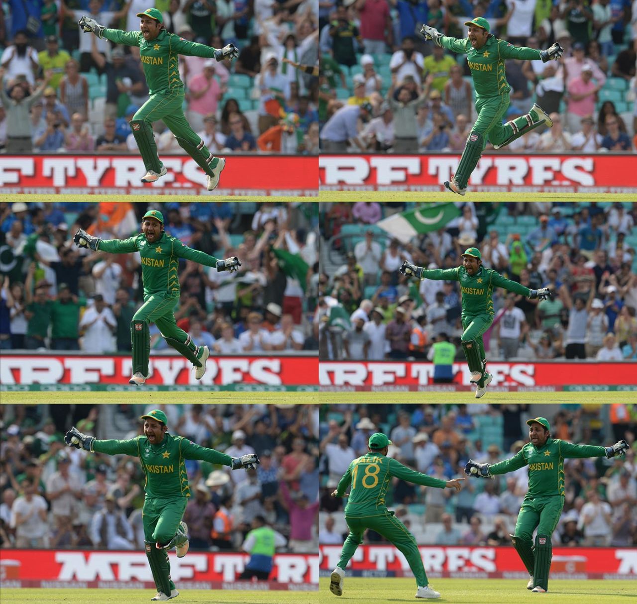 Collage: Sarfraz Ahmed celebrates taking the catch that ended the match, India v Pakistan, Final, Champions Trophy 2017, The Oval, London, June 18, 2017
