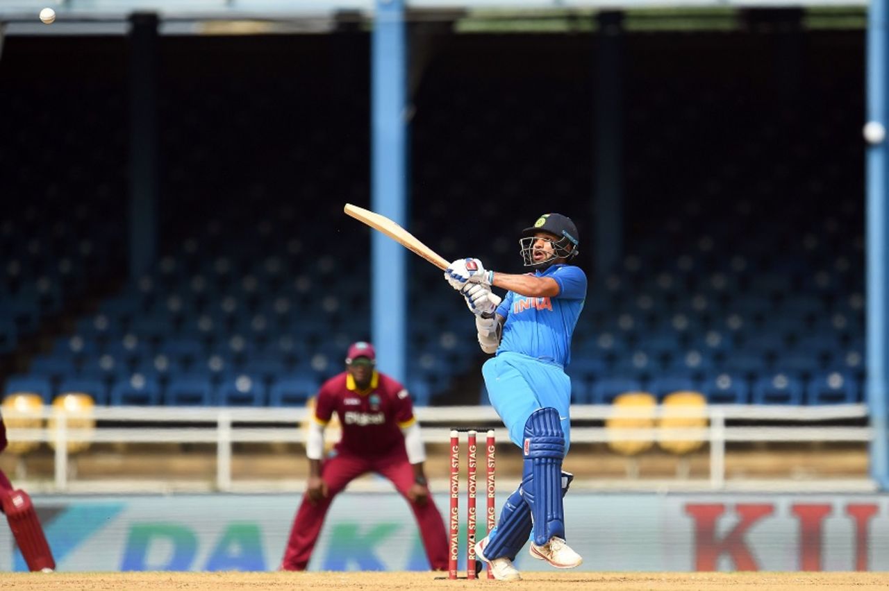 Shikhar Dhawan pulls the ball away, West Indies v India, 1st ODI, Port-of-Spain, June 23, 2017