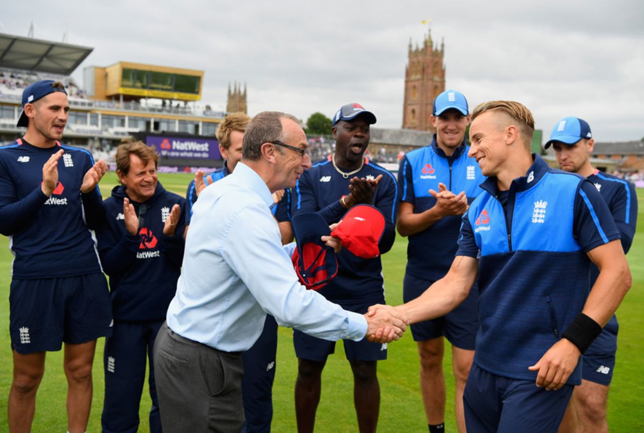 Tom Curran receives his T20 cap from David Lloyd, England v South Africa, 2nd T20I, Taunton, June 23, 2017