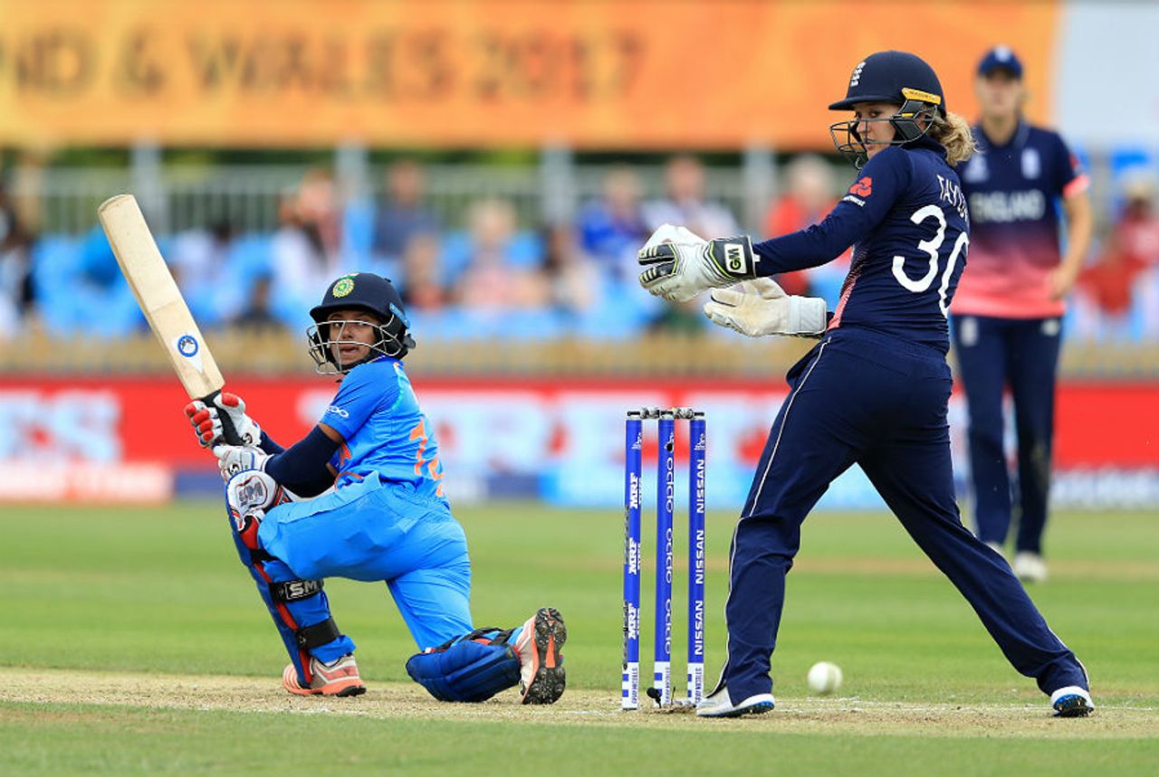 Punam Raut sweeps during her half-century, England v India, Women's World Cup, Derby, June 24, 2017