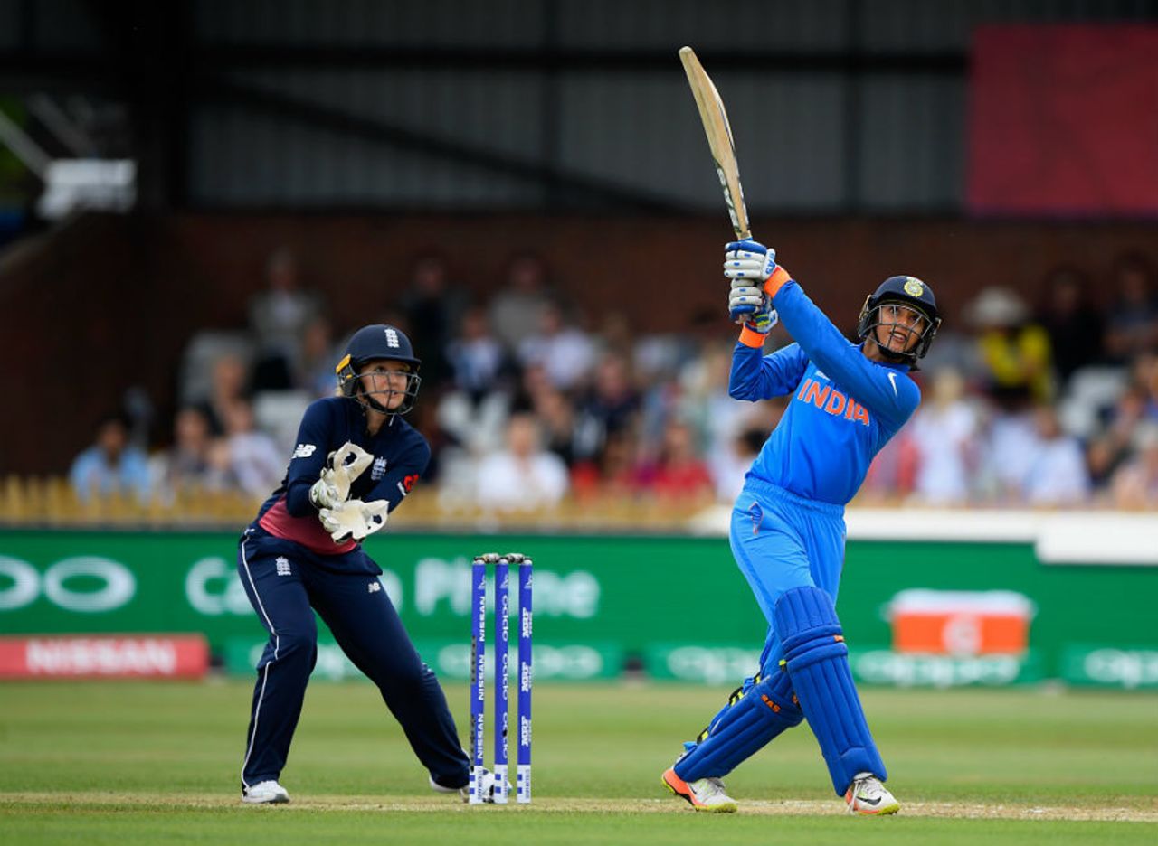 Smriti Mandhana cracks another boundary over the leg-side, England v India, Women's World Cup, Derby, June 24, 2017