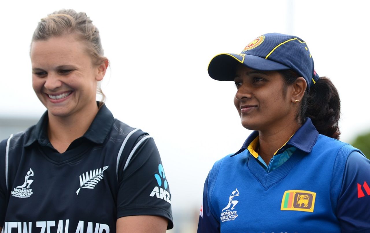 The two captains - Suzie Bates and Inoka Ranaweera - share a light moment, New Zealand v Sri Lanka, Women's World Cup, Bristol, June 24,2017