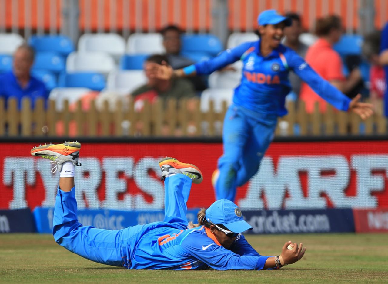 Sub fielder Veda Krishnamurthy took a superb diving catch to complete victory, England v India, Women's World Cup, Derby, June 24, 2017