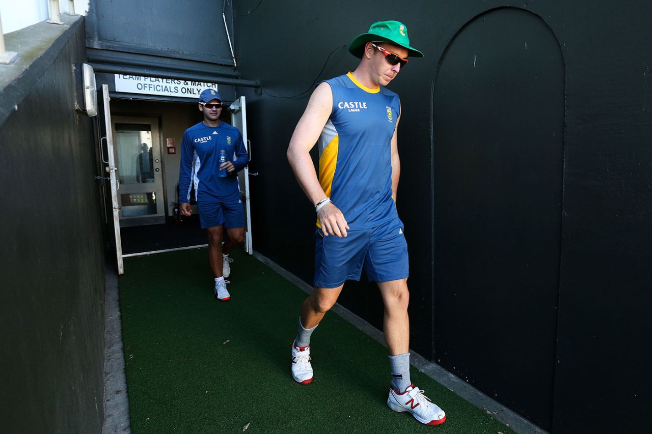 Kyle Abbott and Rilee Rossouw walk out for a net session, Wellington, March 10, 2015