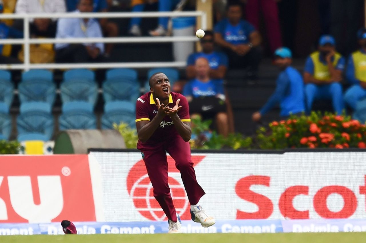 Miguel Cummins takes a catch to dismiss Hardik Pandya, West Indies v India, 2nd ODI, Port-of-Spain, June 25, 2017