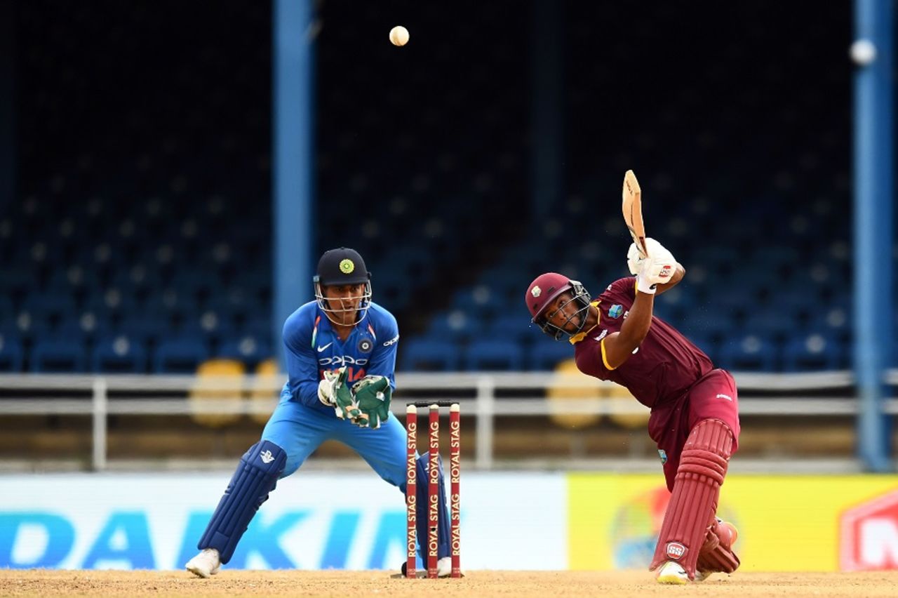 Shai Hope slugs one down the ground, West Indies v India, 2nd ODI, Port-of-Spain, June 25, 2017