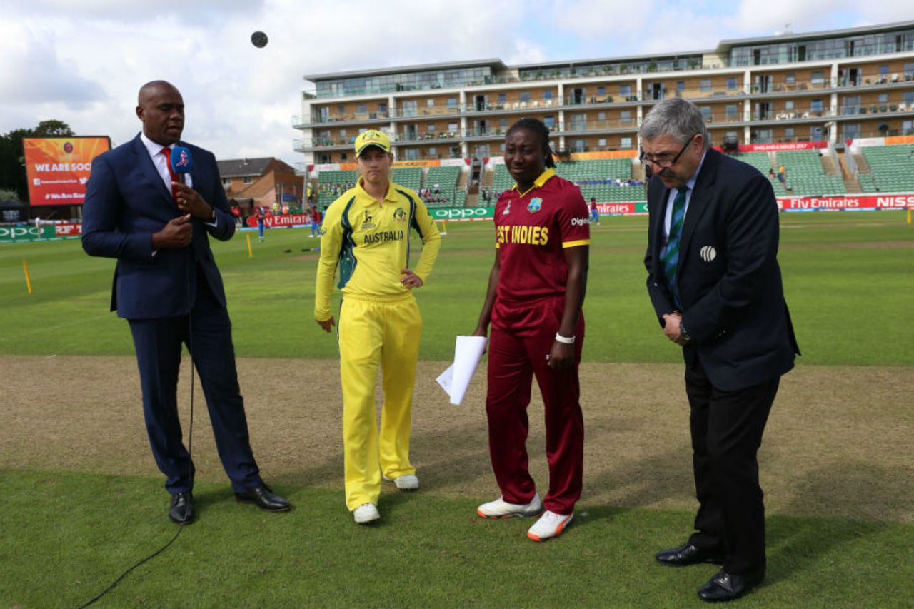 Stafanie Taylor first said West Indies will bat, before changing it to 'bowl.' The switch was disallowed, West Indies v Australia, Women's World Cup, Taunton, June 26, 2017