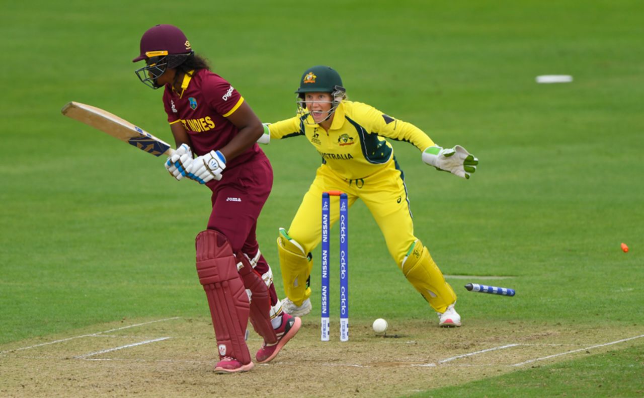 Alyssa Healy exults after Hayley Matthews loses her off stump, West Indies v Australia, Women's World Cup, Taunton, June 26, 2017