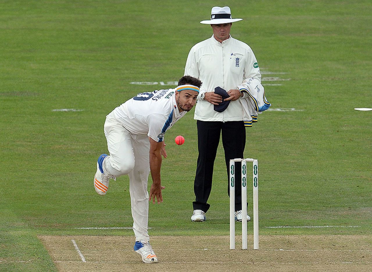 Yorkshire's Jack Brooks bowls with the pink ball, Yorkshire v Surrey, Specsavers County Championship Division One, Headingley, 1st day, June 26, 2017