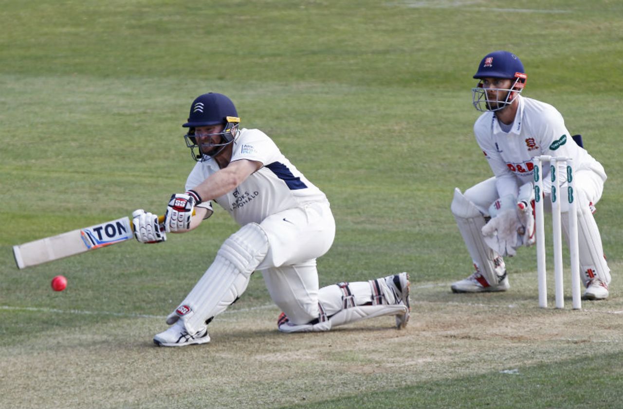 Paul Stirling sweeps during his half-century, Essex v Middlesex, Specsavers County Championship Division One, Chelmsford, 1st day, June 26, 2017
