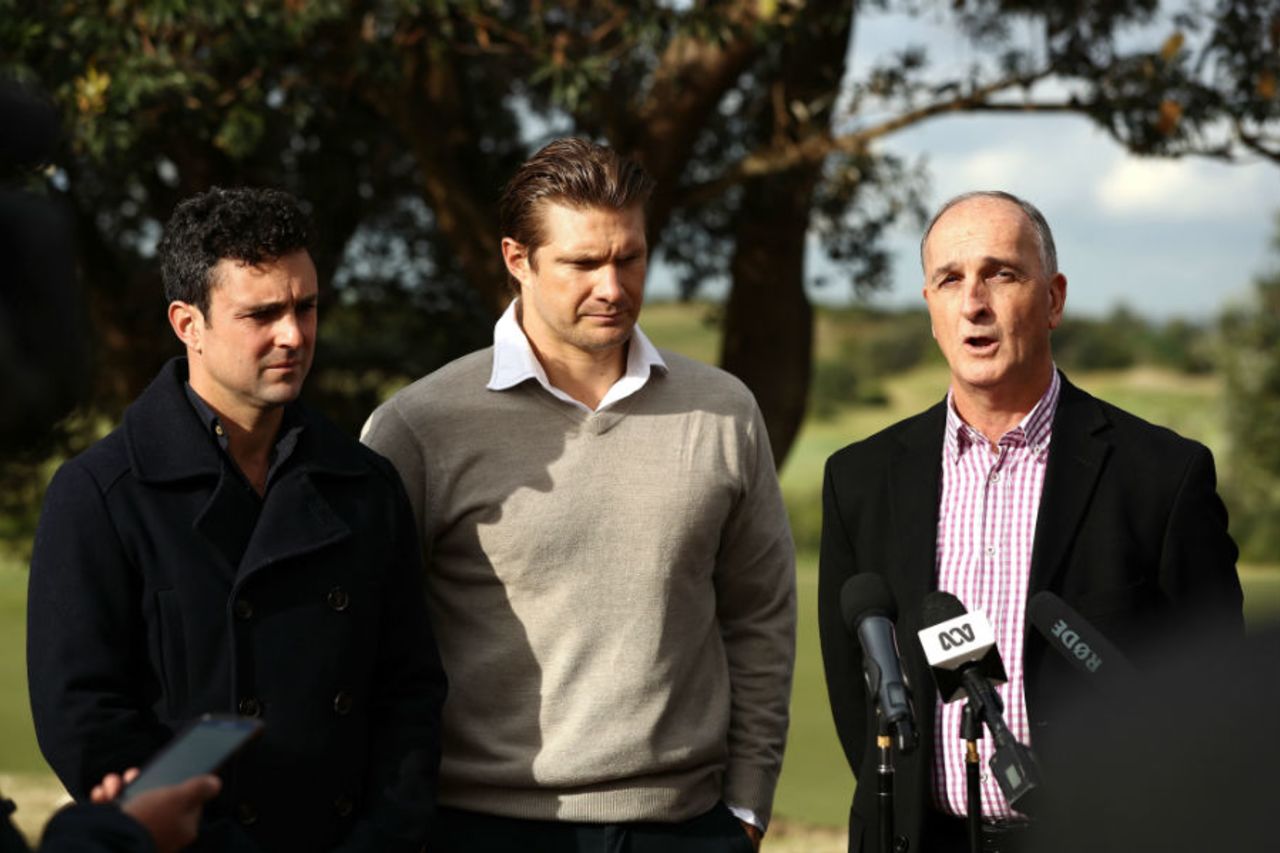 Ed Cowan, Shane Watson and ACA President Greg Dyer at ACA's golf day celebration in Sydney, June 27, 2017